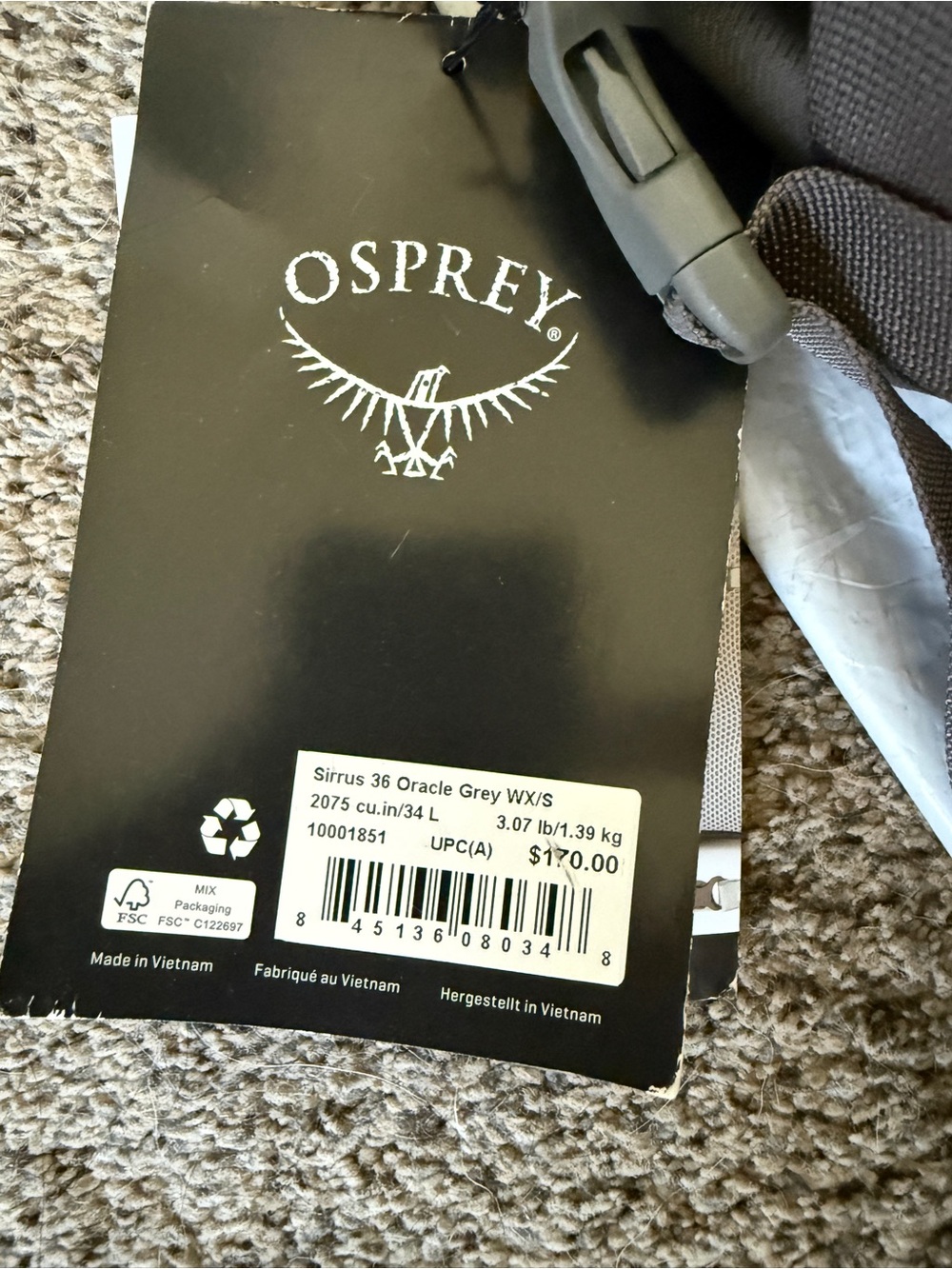 BNWT Osprey Sirrus 36 - Oracle Grey